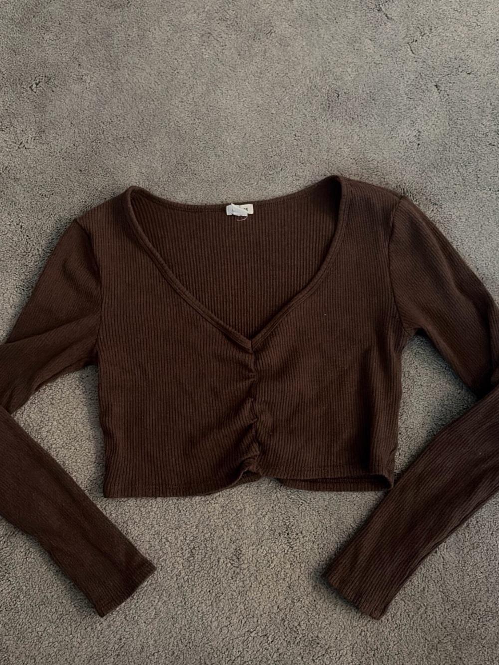 Garage Brown Ribbed V-Neck Cropped Long Sleeve Top